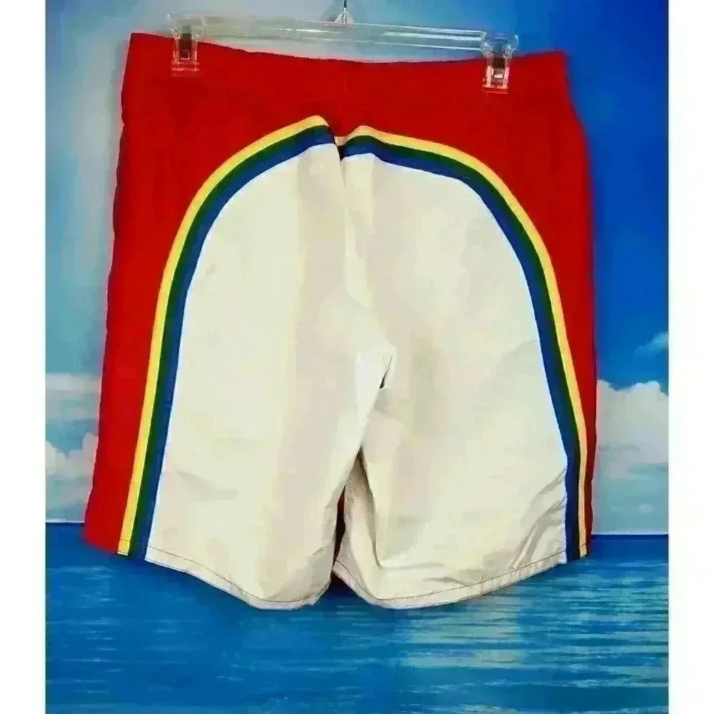 OLD NAVY Men RED Bathing Suit LINED Swim Board Shorts WHITE Back Trunks size Lg